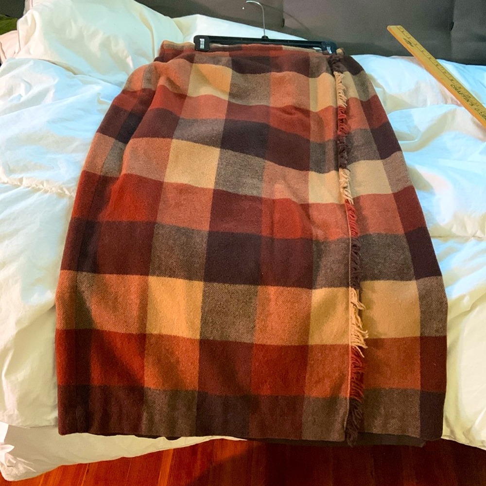 Size 12 wrap style wool blend skirt, orange/brown gingham